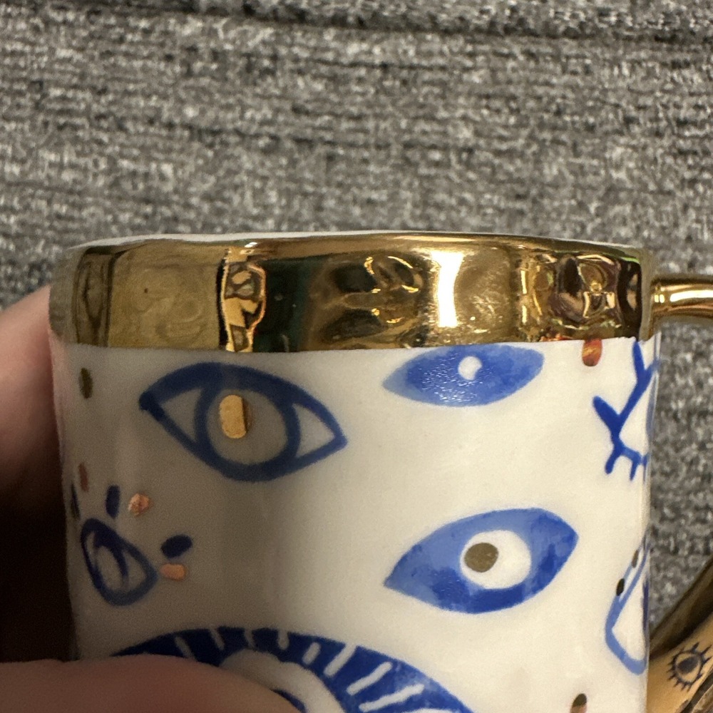 Anthropologie Evil Eye Blue Gold Coffee Mug Hand Painted Stoneware - Picture 5 of 6